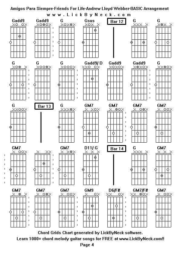 Chord Grids Chart of chord melody fingerstyle guitar song-Amigos Para Siempre-Friends For Life-Andrew Lloyd Webber-BASIC Arrangement,generated by LickByNeck software.